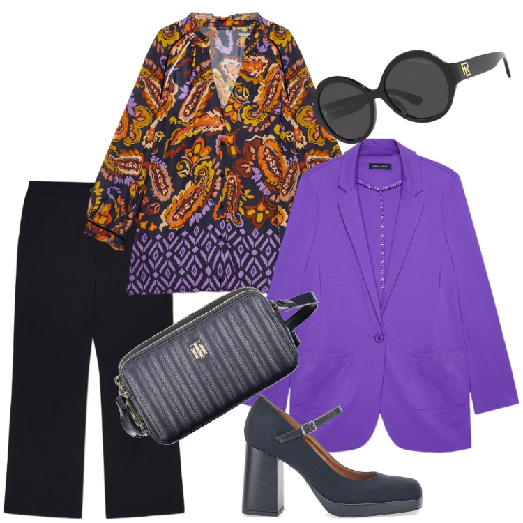 Outfit donna - Total look #2004518. Stile Casual chic per Ufficio. Abbinamento con occhiali da sole, décolleté, blazer, pantaloni a palazzo, borse a tracolla, bluse.