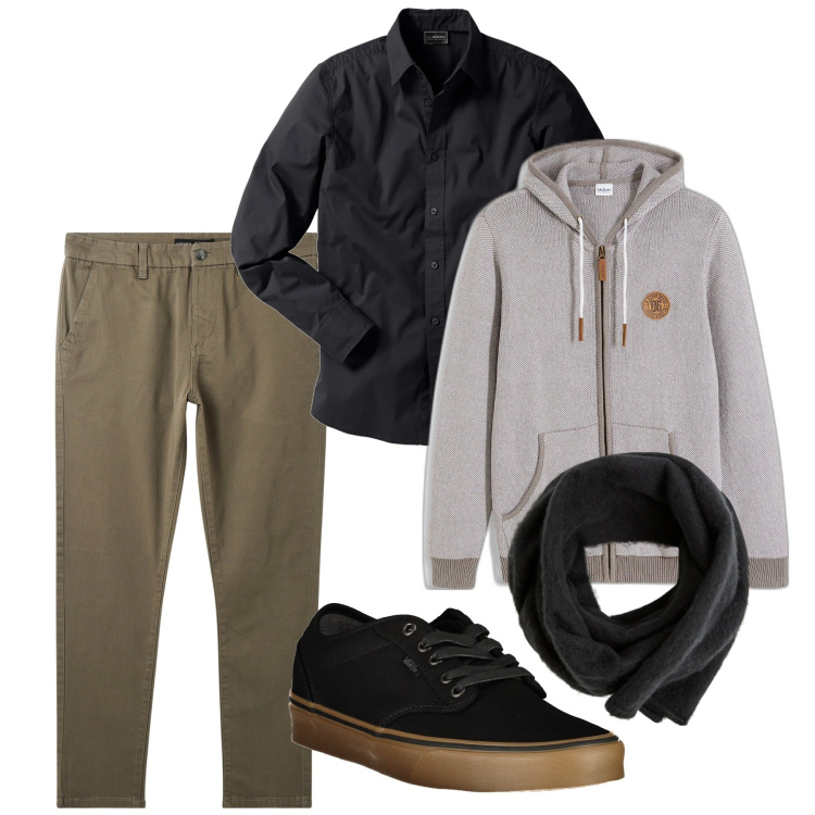 Outfit uomo - Novembre. Stile Casual per Serata speciale. Abbinamento con camicie, cardigans, sciarpe e foulard, pantaloni chino, sneakers.