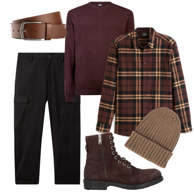 Outfit uomo - Burgundy fine novembre. Stile Urban per Serata speciale. Abbinamento con cinture, camicie, stivali e stivaletti, pantaloni cargo, berretti, maglieria.