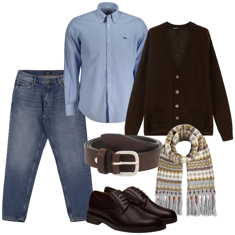 Outfit uomo - Una sciarpa che stacca. Stile Casual per Tutti i giorni. Abbinamento con cinture, jeans, cardigans, sciarpe, camicie, scarpe stringate.