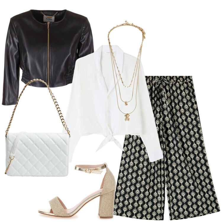 Outfit donna - Total look #2004524. Stile Casual chic per Serata fuori. Abbinamento con pantaloni a palazzo, camicie, ciondoli, borse a tracolla, blazer, sandali col tacco.