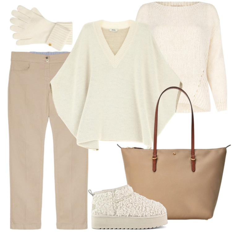 Outfit donna - Toni neutri sopra la 50. Stile Casual chic per Tutti i giorni. Abbinamento con maglieria, cappotti, borse tote, guanti, stivaletti, pantaloni.