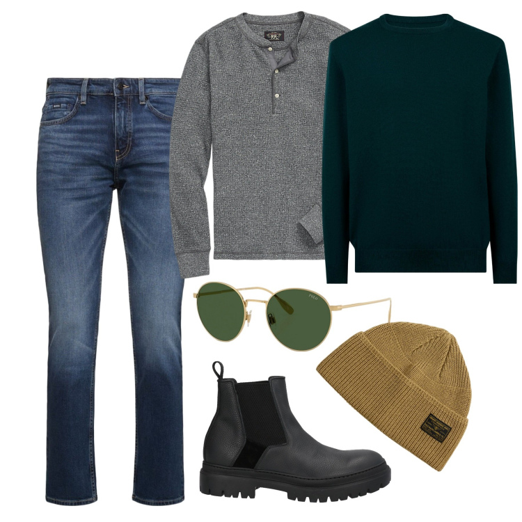 Outfit uomo - Casual in centro. Stile Casual per Tutti i giorni. Abbinamento con stivali e stivaletti, t-shirt, berretti, occhiali da sole, maglieria, jeans.