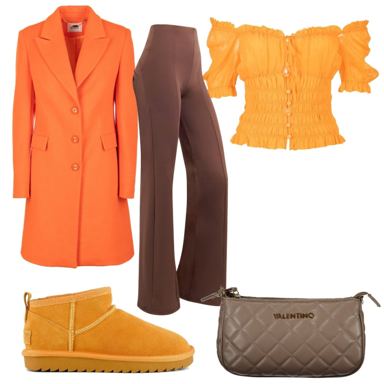 Outfit donna - Solo due colori: marrone e arancione. Stile Trendy per Tutti i giorni. Abbinamento con cappotti, top, pantaloni skinny, stivali, borse a spalla.