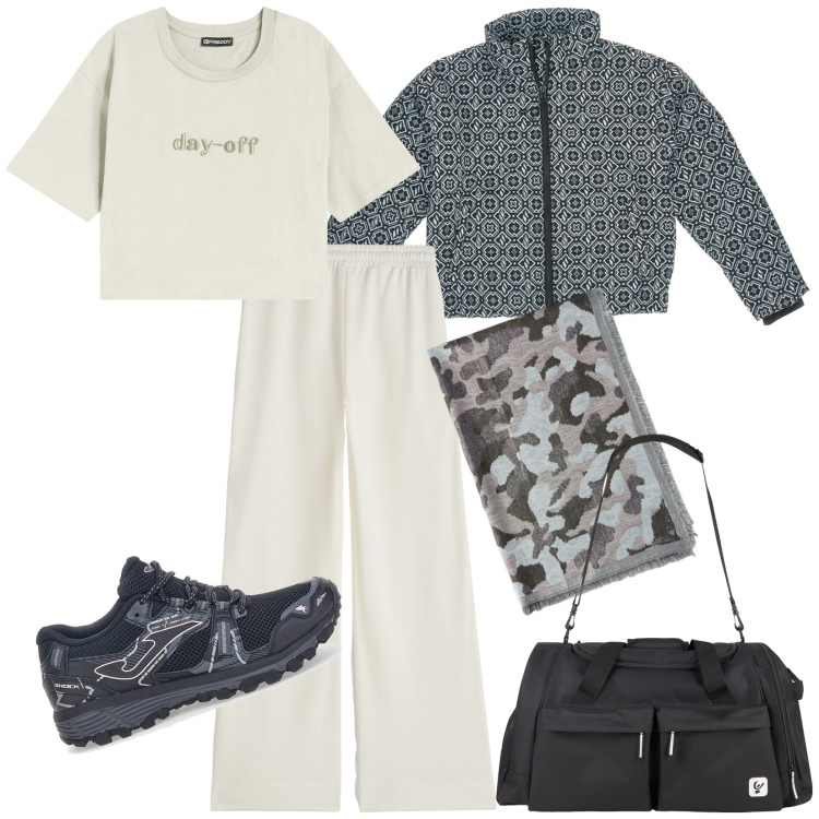 Outfit donna - Total look #2004533. Stile Casual per Sport. Abbinamento con borse sportive, pantaloni a palazzo, t-shirt, scarpe sportive, sciarpe, blazer.