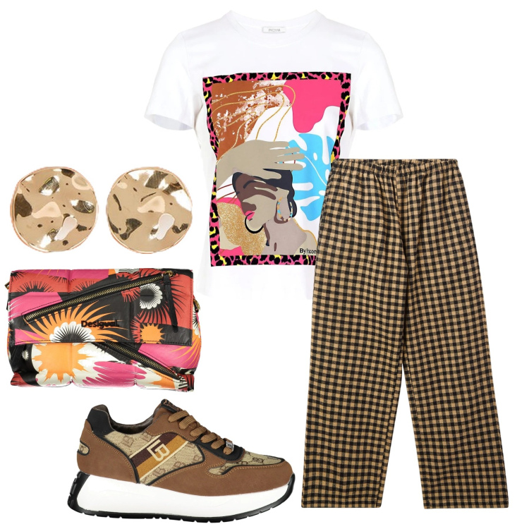 Outfit donna - Casual Etnico. Stile Etnico per Tutti i giorni. Abbinamento con pantaloni, t-shirt, sneakers, orecchini, borse a spalla.