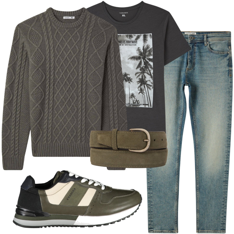 Outfit uomo - Grigio e verdone. Stile Casual per Tutti i giorni. Abbinamento con t-shirt, maglieria, jeans skinny, sneakers, cinture.