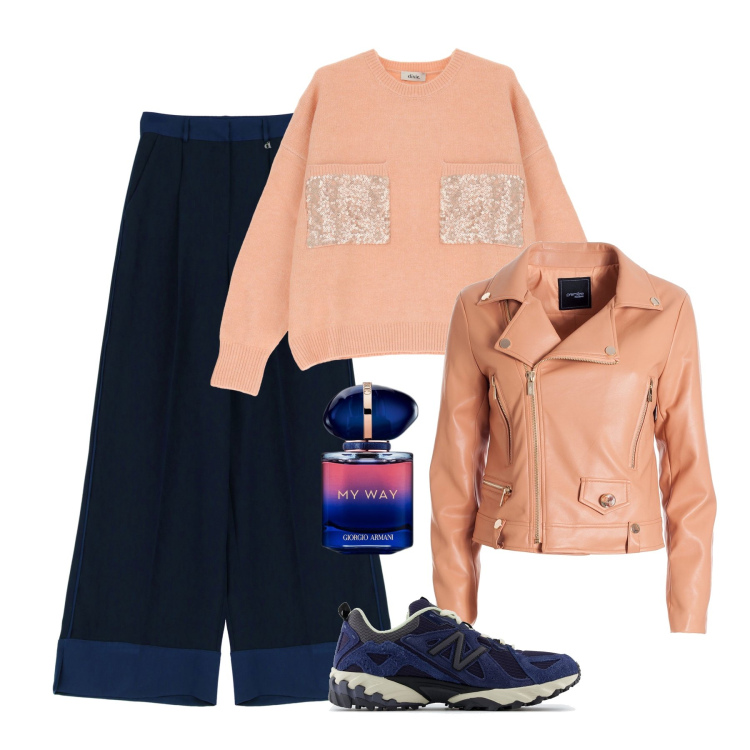 Outfit donna - Blu profondo e albicocca. Stile Trendy per Tutti i giorni. Abbinamento con profumi, sneakers, giacche, pullovers, pantaloni.