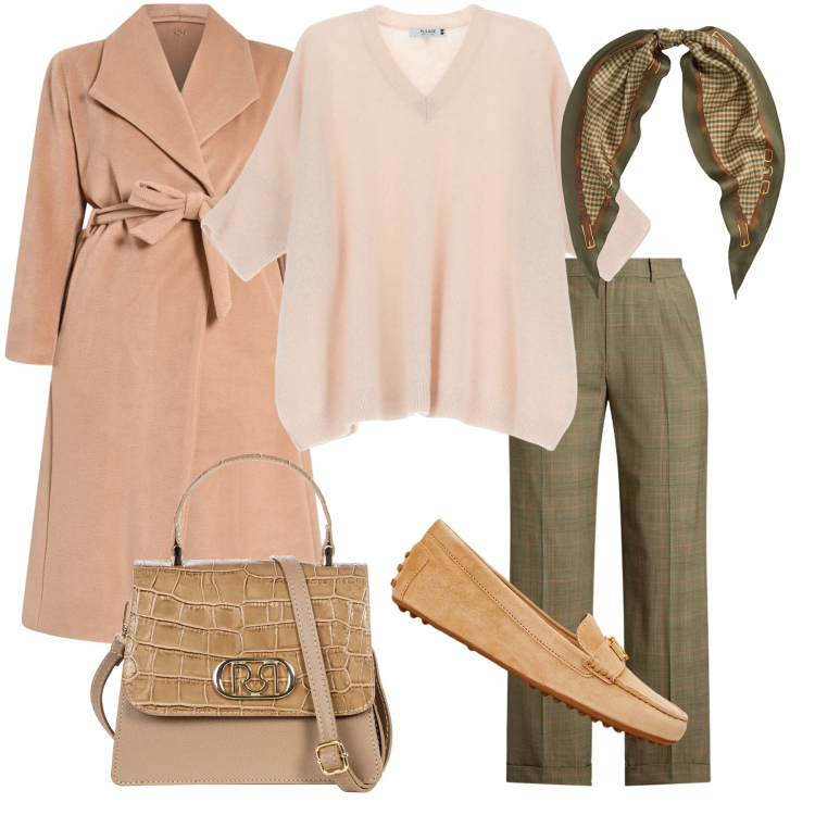 Outfit donna - I toni del rosa e verde. Stile Chic per Ufficio. Abbinamento con maglieria, borse a mano, cappotti, mocassini, pantaloni, foulard.