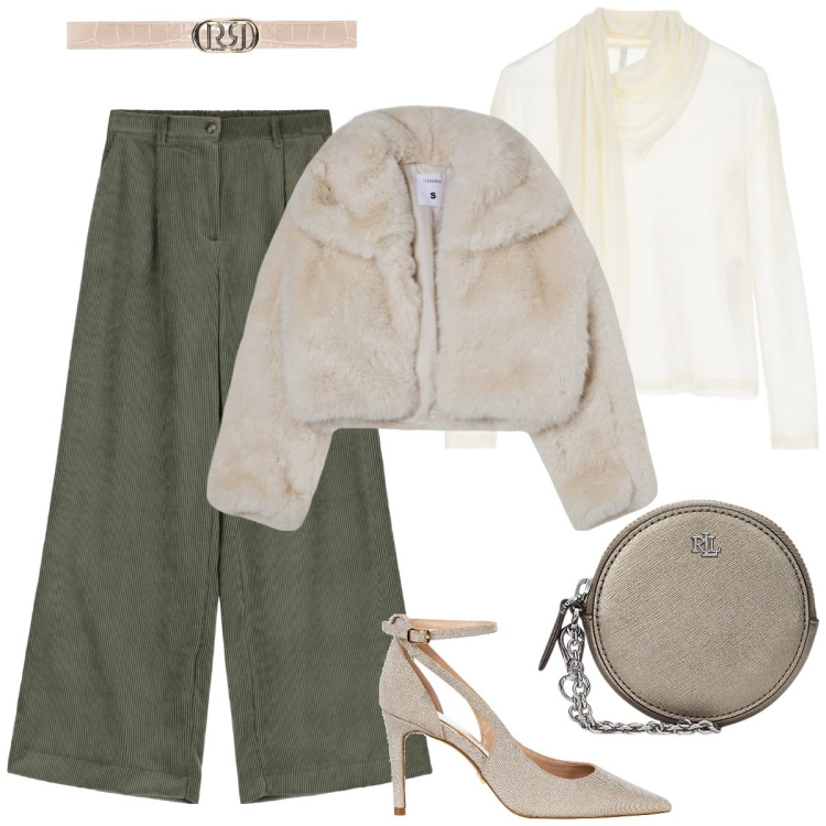 Outfit donna - Pantaloni palazzo-Focus donna curvy. Stile Casual chic per Cerimonia. Abbinamento con blazer, décolleté, cinture, maglieria, pantaloni a palazzo, pochette.
