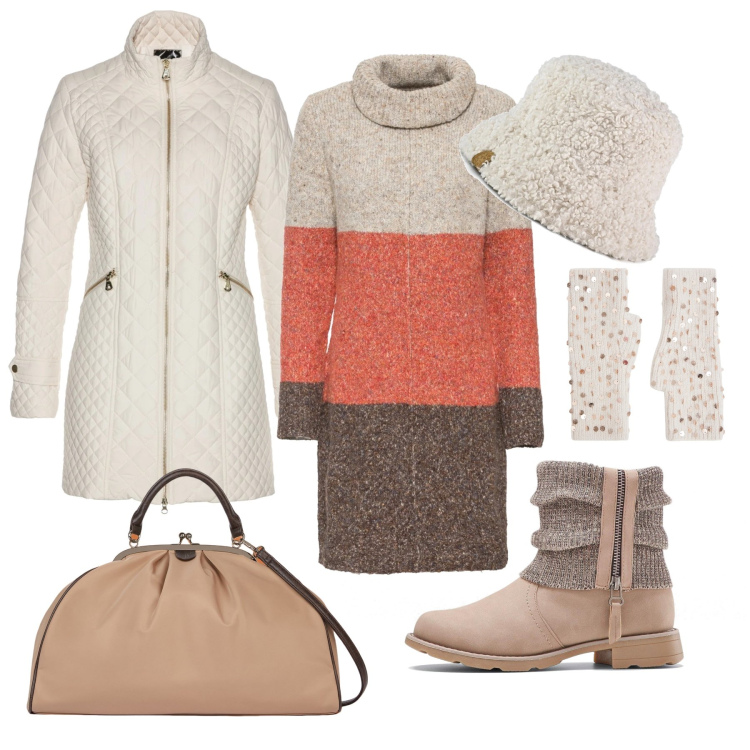 Outfit donna - Il vestito caldo per l’inverno. Stile Casual chic per Tutti i giorni. Abbinamento con blazer, vestiti, stivaletti, guanti, cappelli, borse a spalla.