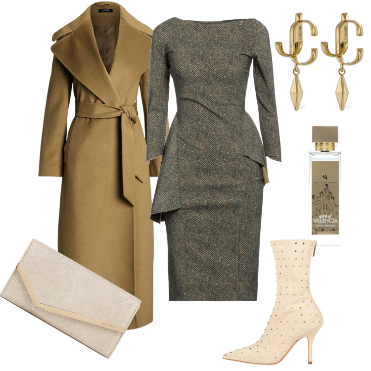 Outfit donna - Total look #2004577. Stile Bon Ton per Cerimonia. Abbinamento con vestiti midi/longuette, stivaletti, profumi, cappotti, pochette, orecchini.