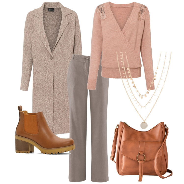 Outfit donna - In ufficio. Stile Casual per Ufficio. Abbinamento con maglieria, pantaloni, cappotti, stivaletti chelsea, borse a tracolla, collane.