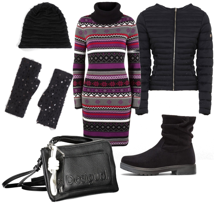 Outfit donna - Total look #2004581. Stile Romantica per Scuola/Università. Abbinamento con berretti, vestiti, stivaletti, guanti, piumini, borse a tracolla.