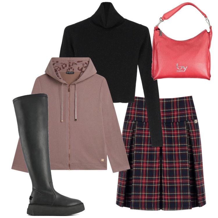 Outfit donna - Preppy. Stile Preppy per Scuola/Università. Abbinamento con minigonne, maglieria, felpe con cappuccio, stivali sopra il ginocchio, borse a spalla.