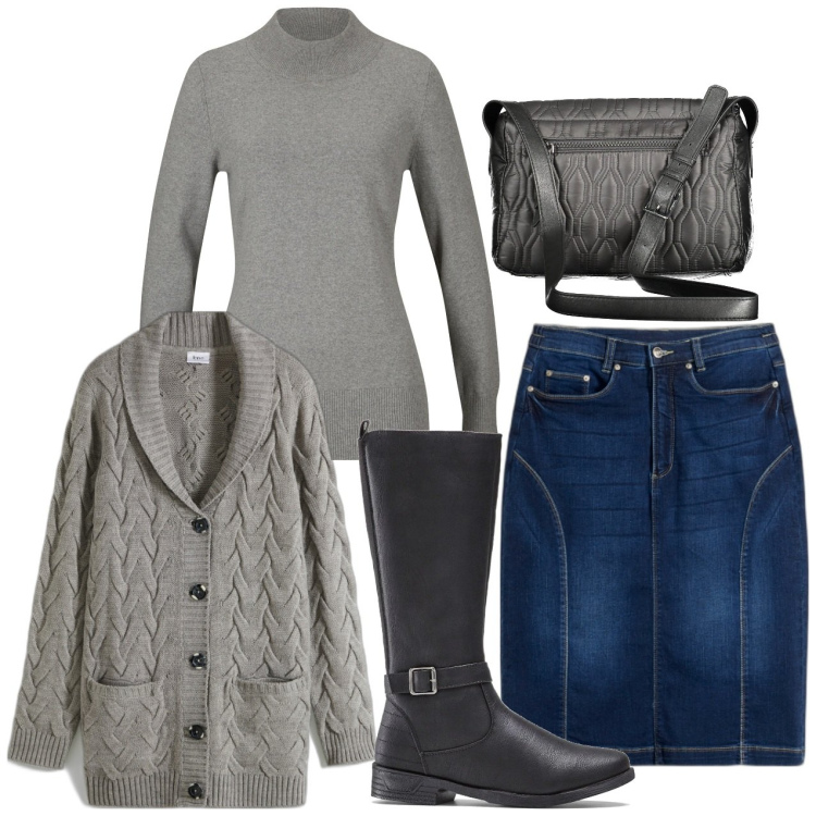 Outfit donna - Dark. Stile Casual per Tutti i giorni. Abbinamento con cardigans, maglieria, gonne, stivali, borse a tracolla.