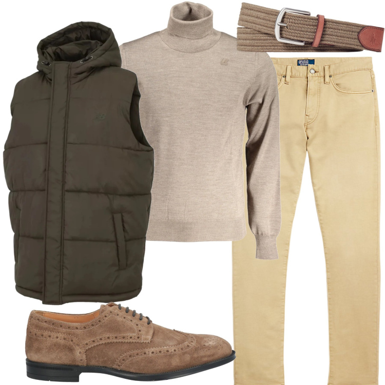 Outfit uomo - Tonalita’ di marrone. Stile Casual per Tutti i giorni. Abbinamento con scarpe stringate, gilet, cinture, pantaloni chino, maglieria.