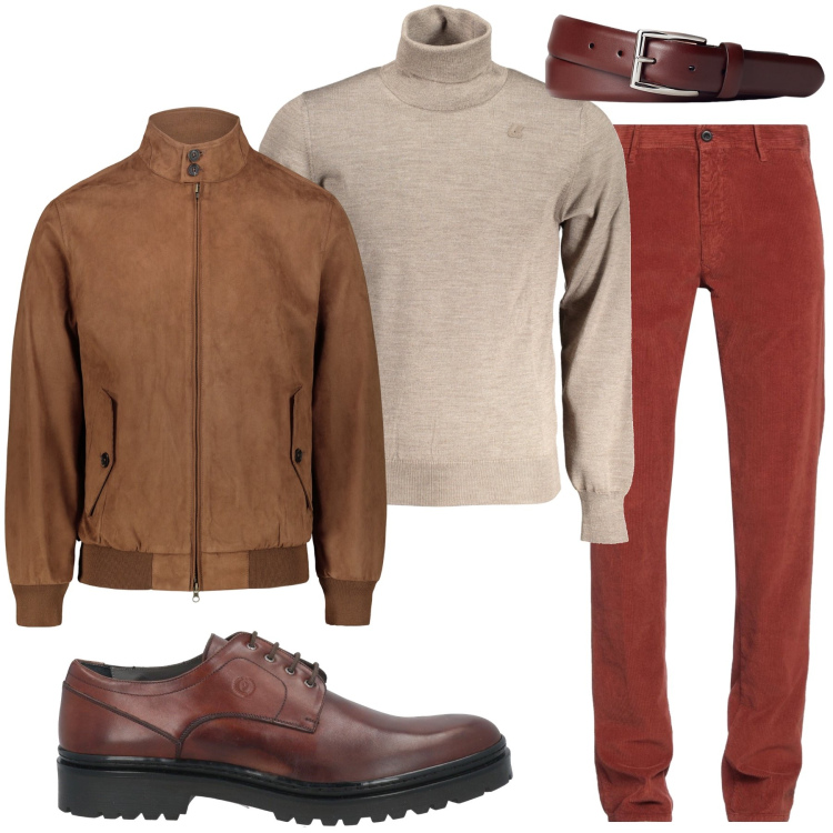 Outfit uomo - Marrone beige e bordeaux. Stile Casual per Ufficio. Abbinamento con scarpe stringate, pantaloni, cinture, giacche, maglieria.