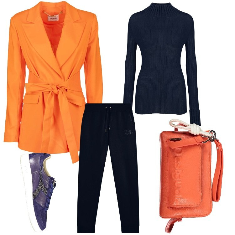 Outfit donna - Solo due colori. Stile Casual chic per Tutti i giorni. Abbinamento con blazer, pantaloni, maglieria, borse a tracolla, sneakers.