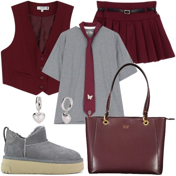Outfit donna - Autunno Solo due colori. Stile Casual chic per Scuola/Università. Abbinamento con orecchini, minigonne, gilet, t-shirt, stivali, borse a spalla.