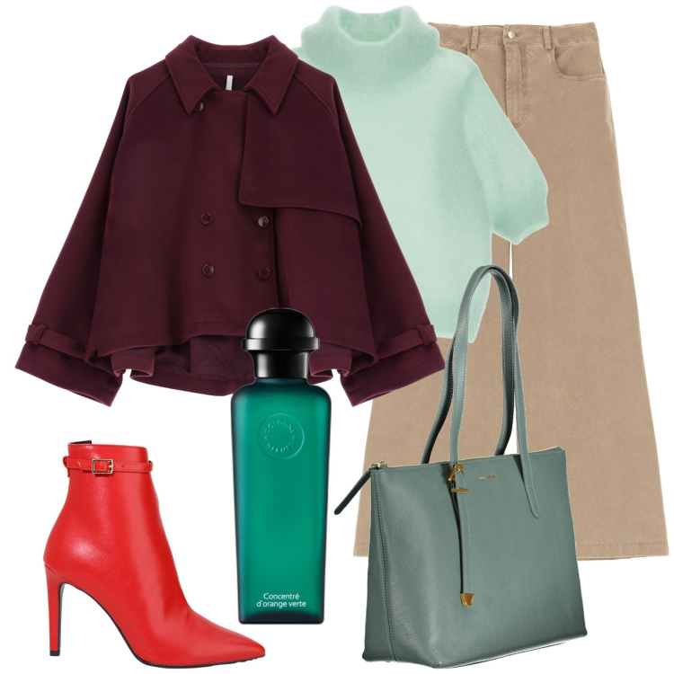 Outfit donna - Borgogna e verde menta. Stile Glamour per Tutti i giorni. Abbinamento con profumi, caban, stivaletti, maglieria, pantaloni, borse a spalla.