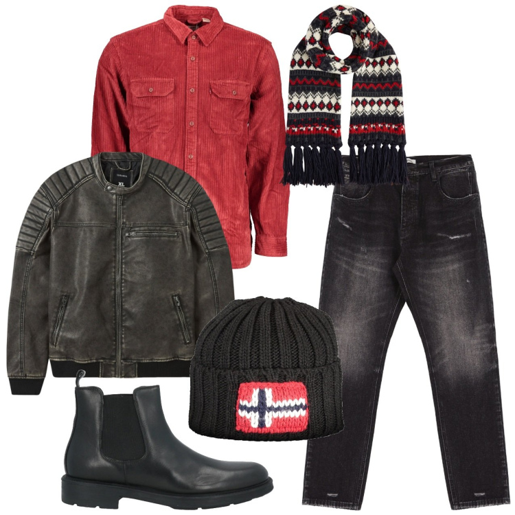 Outfit uomo - Pomeriggio in moto. Stile Urban per Tutti i giorni. Abbinamento con stivali e stivaletti, giacche, jeans slim fit, sciarpe, camicie, berretti.