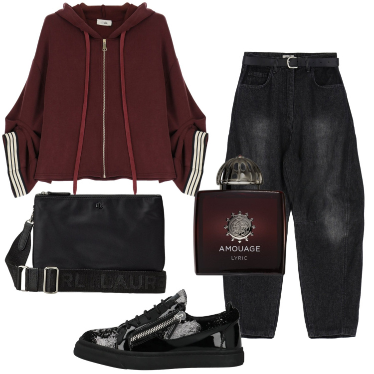 Outfit donna - Urban Nero e Bordeaux. Stile Urban per Tutti i giorni. Abbinamento con sneakers, profumi, borse a tracolla, felpe con cappuccio, jeans.