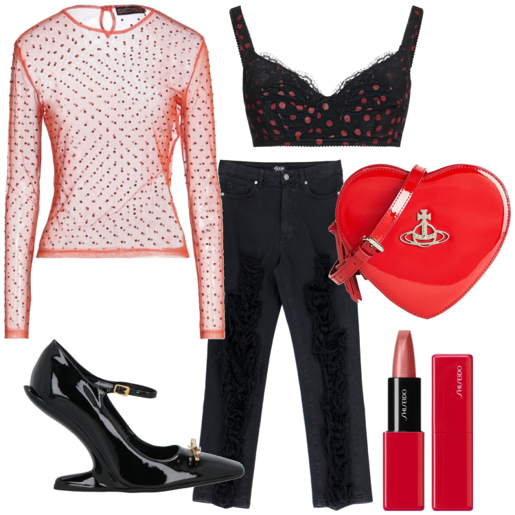 Outfit donna - Unica. Stile Glamour per Serata fuori. Abbinamento con décolleté, top, bralette, borse a tracolla, rossetti, jeans strappati.