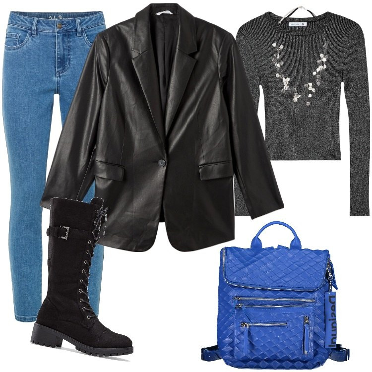 Outfit donna - Total look #2004824. Stile Trendy per Tutti i giorni. Abbinamento con stivali, jeans skinny, maglieria, blazer, zaini, collane.
