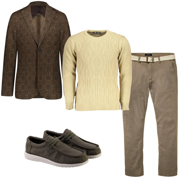 Outfit uomo - Minimal. Stile Trendy per Tutti i giorni. Abbinamento con pantaloni chino, giacche, scarpe stringate, maglieria.