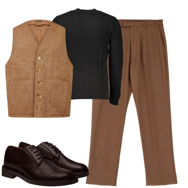 Outfit uomo - City. Stile Urban per Tutti i giorni. Abbinamento con pantaloni, scarpe stringate, gilet, maglieria.