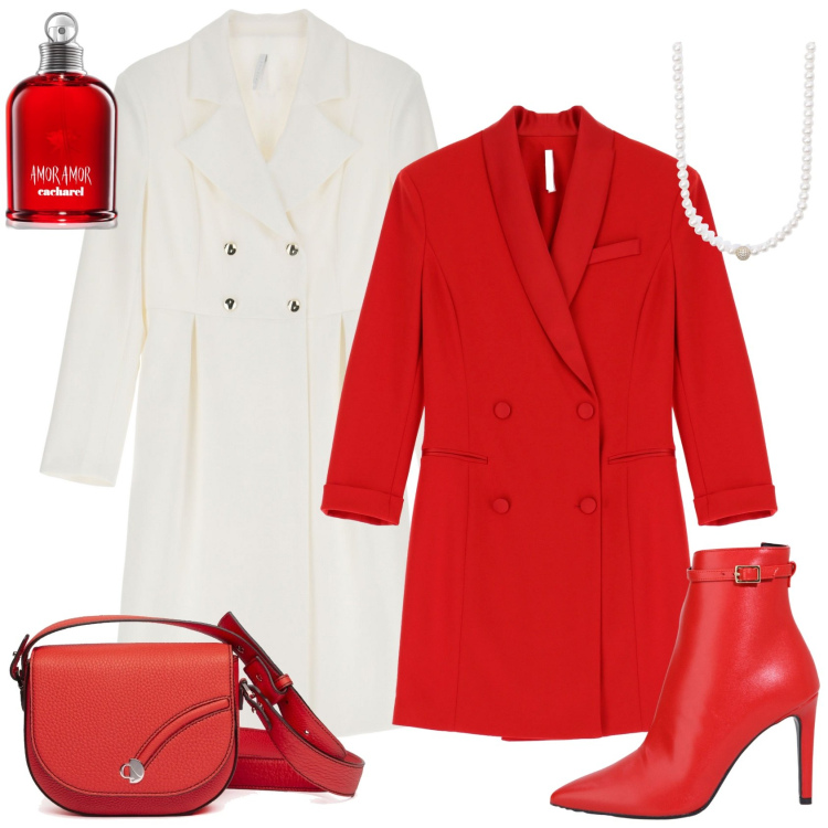 Outfit donna - Rosso e bianco. Stile Chic per Serata fuori. Abbinamento con profumi, collane, vestiti corti, stivaletti, cappotti, borse a tracolla.