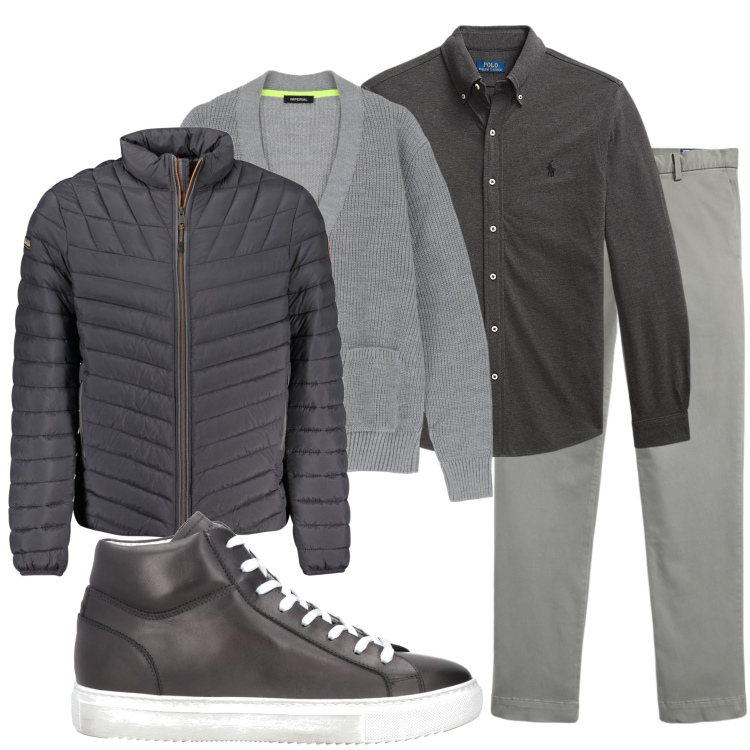 Outfit uomo - Total grey. Stile Casual per Tutti i giorni. Abbinamento con sneakers alte, cardigans, camicie, pantaloni, giacche.