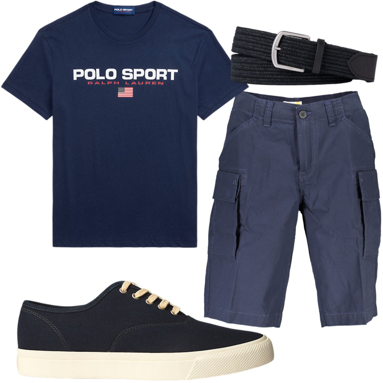 Outfit uomo - Blu e nero. Stile Casual per Tutti i giorni. Abbinamento con sneakers, t-shirt, cinture, bermuda.