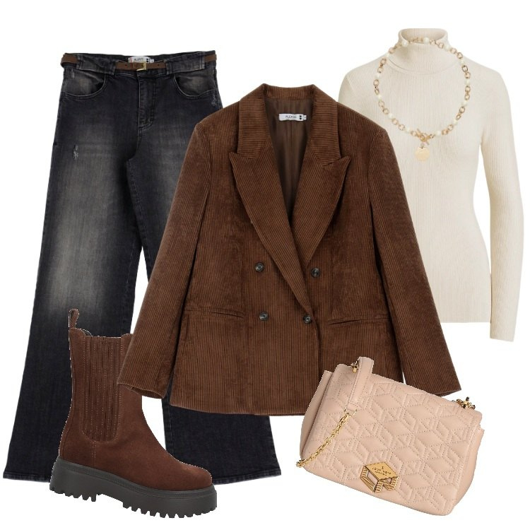 Outfit donna - Total look #2004944. Stile Basic per Tutti i giorni. Abbinamento con borse a tracolla, stivaletti, blazer, jeans, collane, maglieria.