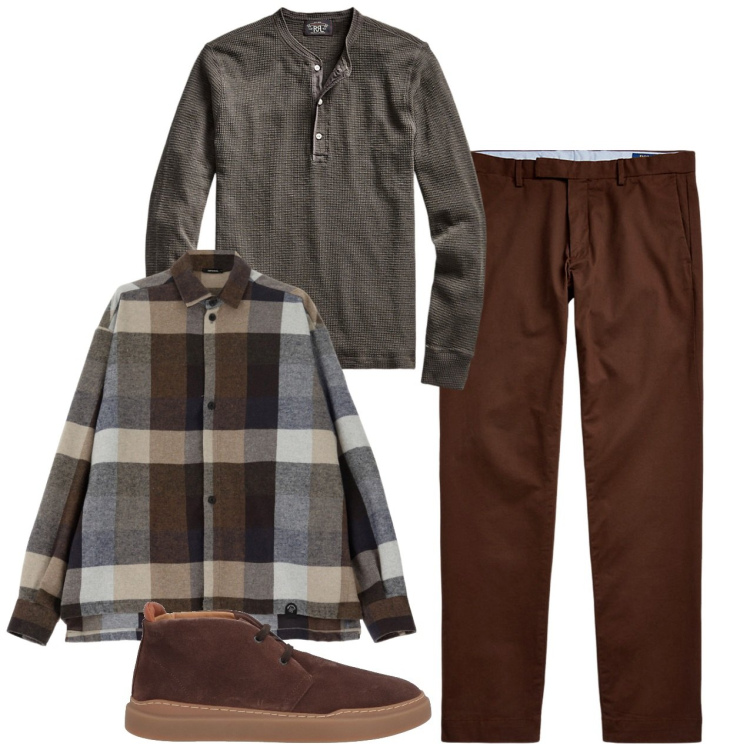 Outfit uomo - Marrone e grigio. Stile Trendy per Tutti i giorni. Abbinamento con stivali e stivaletti, camicie, t-shirt, pantaloni chino.