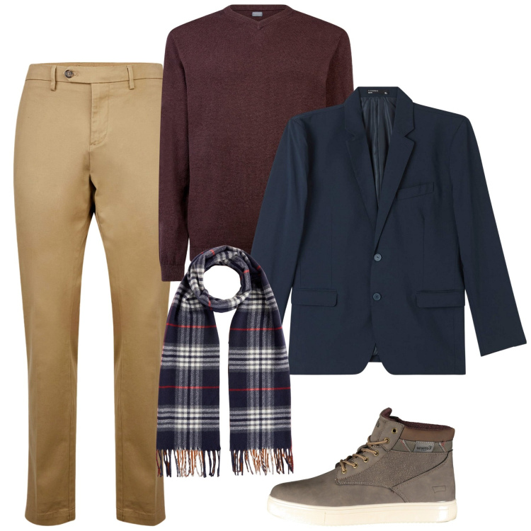 Outfit uomo - In ufficio. Stile Urban per Tutti i giorni. Abbinamento con giacche, pantaloni chino, stivali, maglieria, sciarpe.
