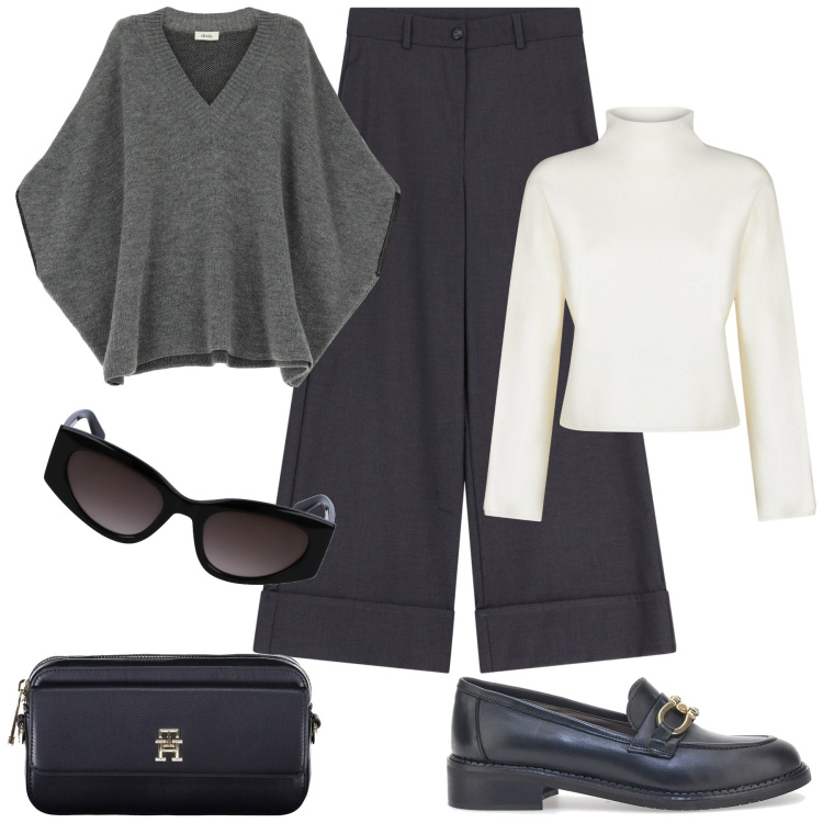 Outfit donna - Toni neutri. Stile Casual chic per Ufficio. Abbinamento con pantaloni, cappotti, mocassini, cardigans, borse a tracolla, occhiali da sole.