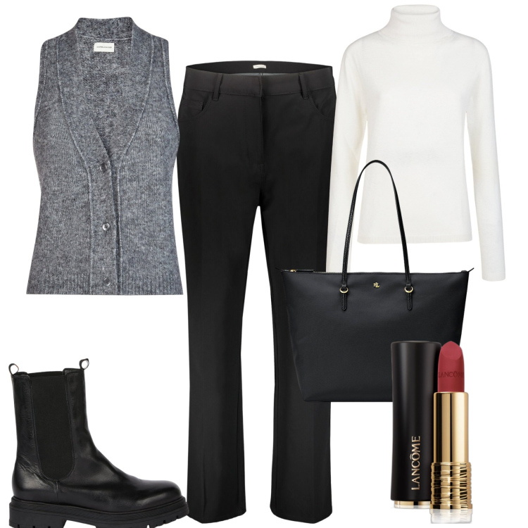 Outfit donna - Doppelganger. Stile Minimal per Ufficio. Abbinamento con rossetti, borse tote, pantaloni, maglieria, stivaletti chelsea, maglieria.