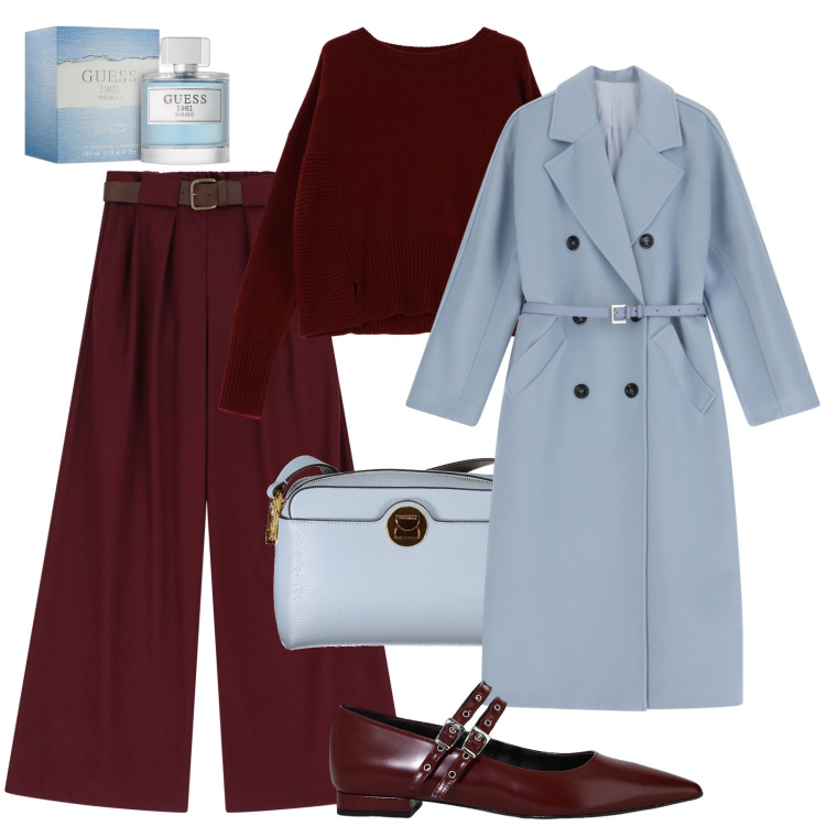 Outfit donna - Azzurro polvere e bordeaux: classe !. Stile Glamour per Ufficio. Abbinamento con profumi, cappotti, pullovers, pantaloni a palazzo, ballerine, borse a tracolla.