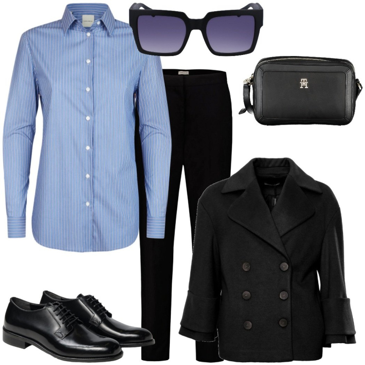 Outfit donna - Mannish. Stile Mannish per Tutti i giorni. Abbinamento con cappotti, pantaloni, camicie, borse a tracolla, occhiali da sole, scarpe stringate.