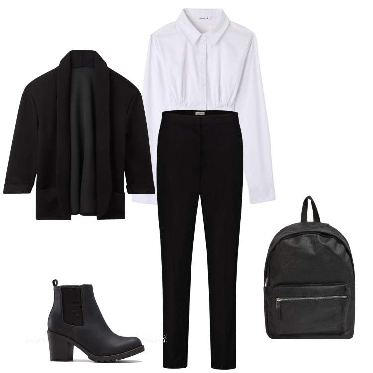 Outfit donna - Black and White in città. Stile Casual chic per Tutti i giorni. Abbinamento con stivaletti, camicie, blazer, zaini, pantaloni.
