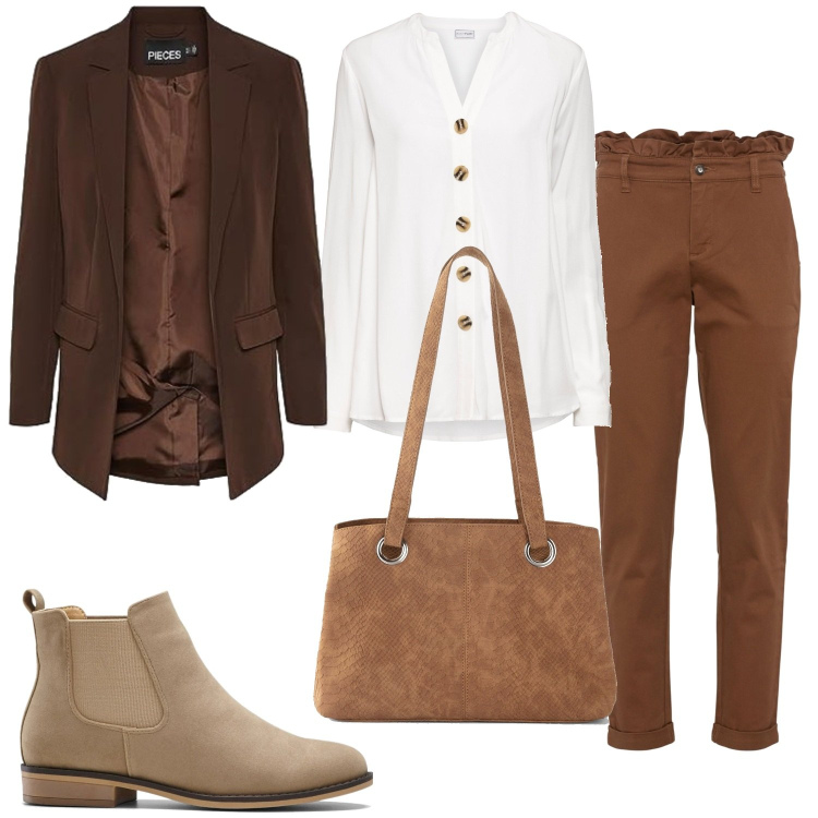 Outfit femme - Look marron bureau. Style Bon Ton pour Bureau. Assortir avec pantalon , chemisiers, sacs à main, boots, blazers.