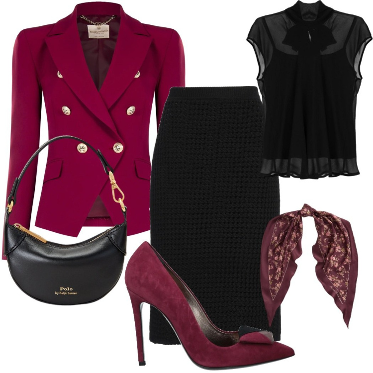 Outfit donna - Bordeaux e nero. Stile Glamour per Serata fuori. Abbinamento con gonne longuette, décolleté, blazer, top, portafogli, foulard.