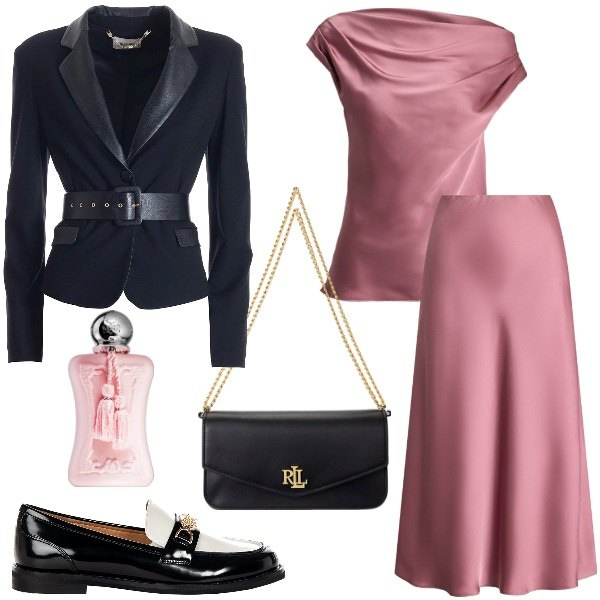 Outfit donna - Cerimonia. Stile Chic per Cerimonia. Abbinamento con profumi, mocassini, blazer, gonne, camicie, borse a spalla.