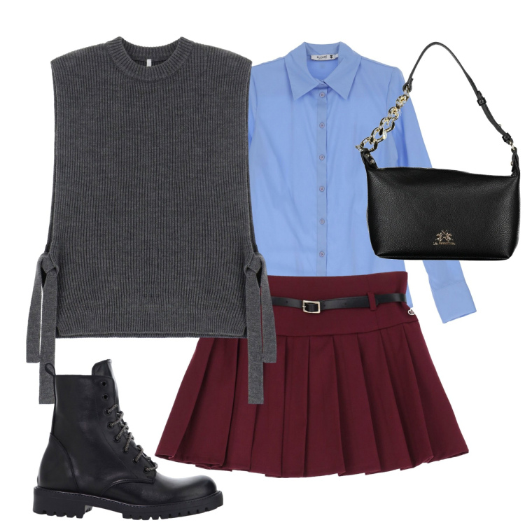 Outfit donna - City. Stile Trendy per Tutti i giorni. Abbinamento con camicie, minigonne, gilet, stivaletti, borse a spalla.