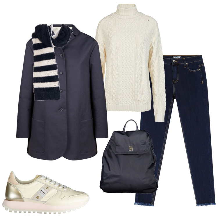 Outfit donna - Caban blu. Stile Casual chic per Ufficio. Abbinamento con jeans skinny, sciarpe, maglieria, sneakers, zaini, trench.