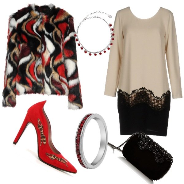 Outfit donna - Elegante con la pelliccia ecologica. Stile Bon Ton per Cerimonia. Abbinamento con pelliccia eco, vestito, décolleté, pochette nero, anello in sterling 925 ipoallergenico argento e bianco, collana con ciondolo.