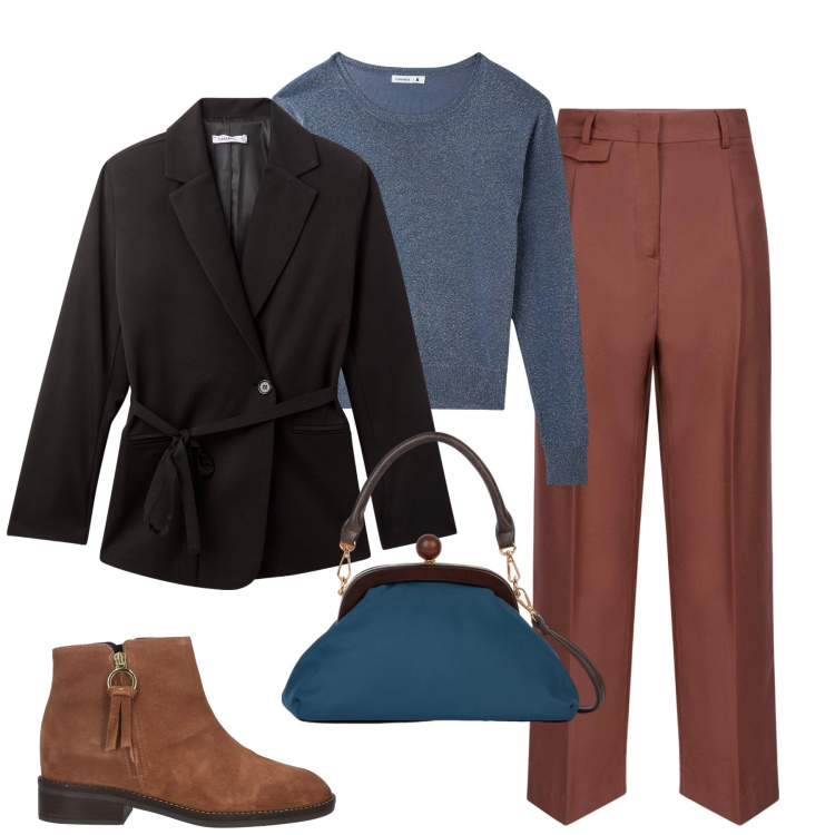 Outfit donna - City. Stile Urban per Tutti i giorni. Abbinamento con stivaletti, blazer, maglieria, clutch, pantaloni.