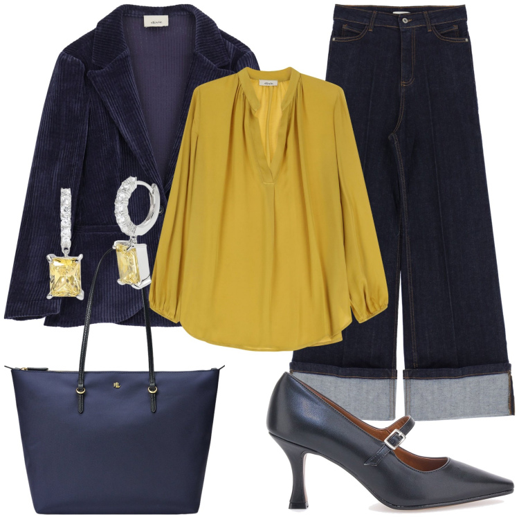 Outfit donna - Blu autunno. Stile Casual chic per Serata fuori. Abbinamento con orecchini, blazer, camicie, jeans, borse tote, décolleté.